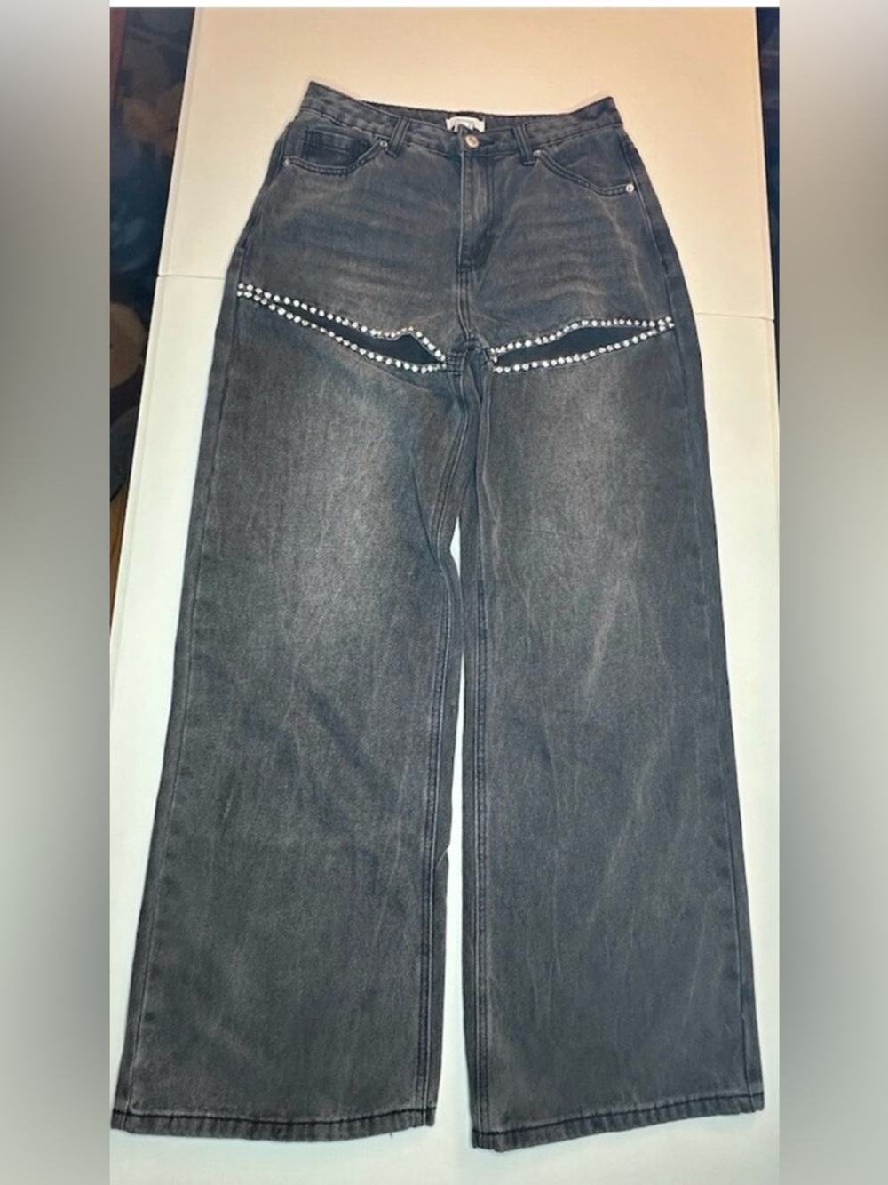 Forever 21 Premium Wide-Leg Jeans Womens 28 Black Charcoal Rhinestone